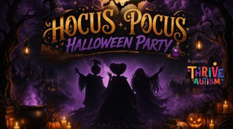 Three silhouetted witches stand under a “Hocus Pocus Hallowe’en Party” sign with pumpkins, lanterns, and a “Supporting Thrive Autism” logo in a spooky, purple-lit setting.