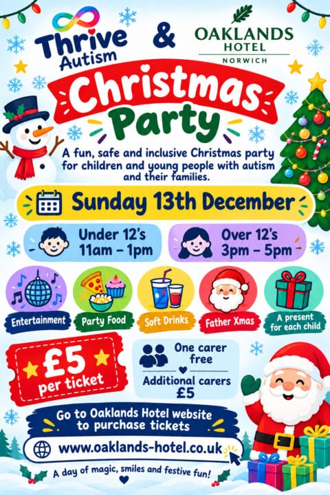 Colourful poster advertising a Christmas party for children and young people with autism, detailing date, time slots, activities, ticket price, and ticket purchase website.