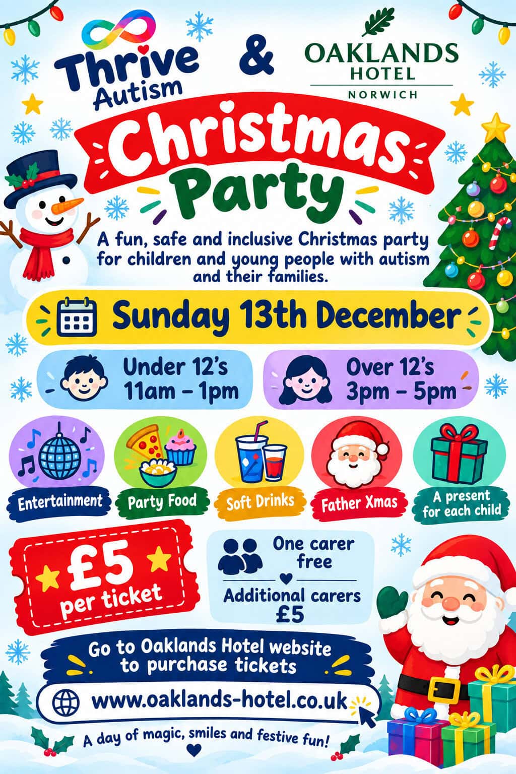 Colourful poster advertising a Christmas party for children and young people with autism, detailing date, time slots, activities, ticket price, and ticket purchase website.